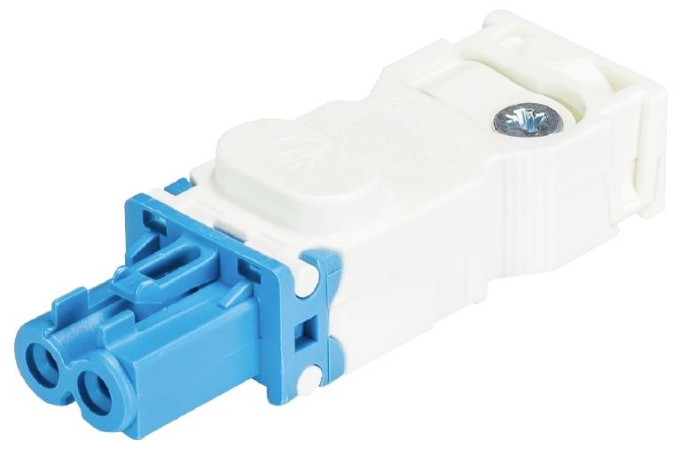 Ein weiß-blauer elektrischer Steckverbinder mit zwei Buchsen, möglicherweise für Licht- oder Kommunikationsgeräte, aus Kunststoff.