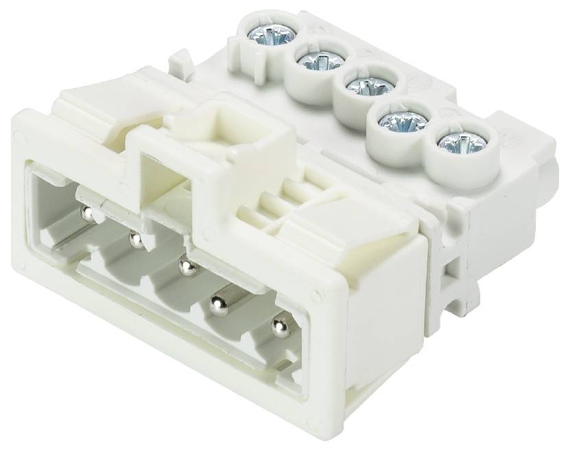 Ein weißer elektrischer Steckverbinder mit mehreren Stiftanschlüssen und Schraubklemmen, geeignet für industrielle Anwendungen.