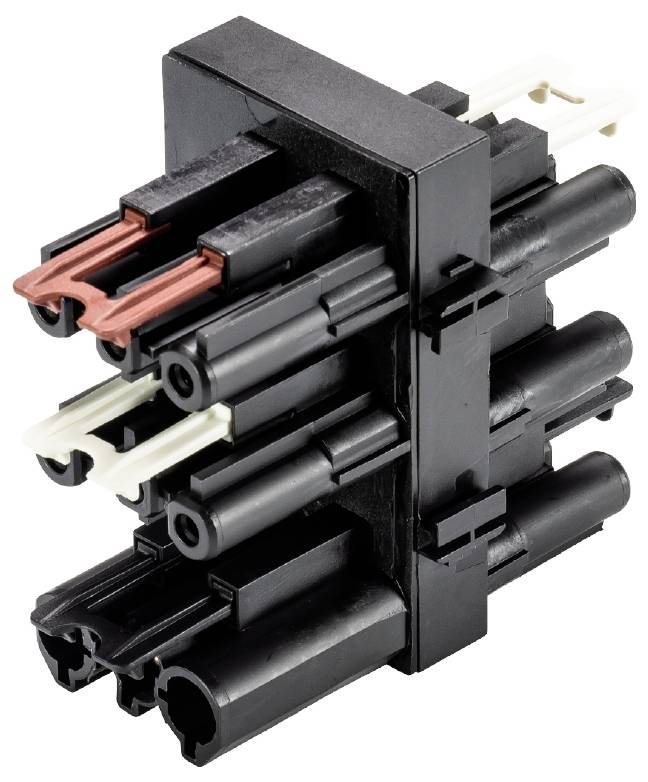 Schwarz-roter elektrischer Steckverbinder mit mehreren Steckplätzen und Kabelanschlüssen, verwendet für technische Anwendungen.