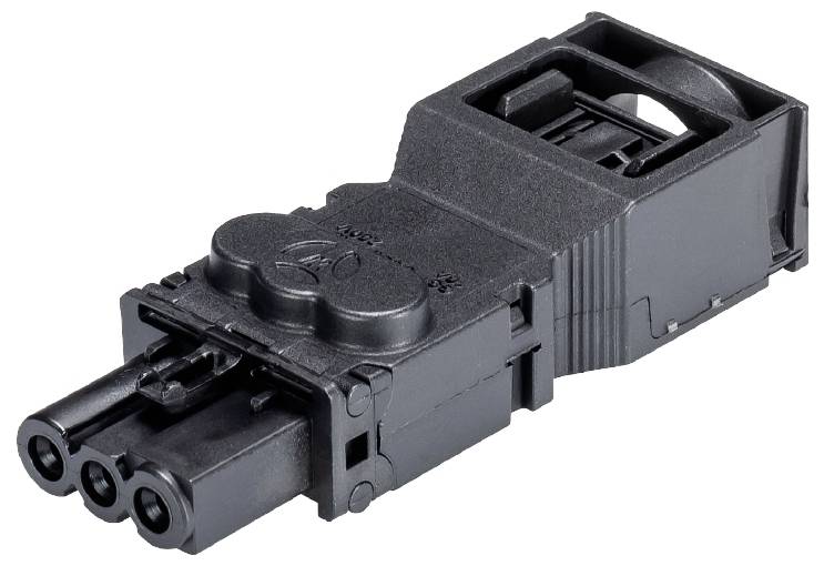Ein schwarzer dreipoliger Steckverbinder für elektronische Geräte, rechteckige Form, seitliche Verriegelung, zeigt Front- und Rückansichten.