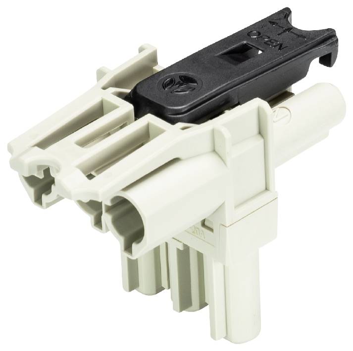 Ein schwarzer und cremefarbener Kunststoff-Stecker mit mehreren Anschlusspunkten für elektrische Verbindungen.