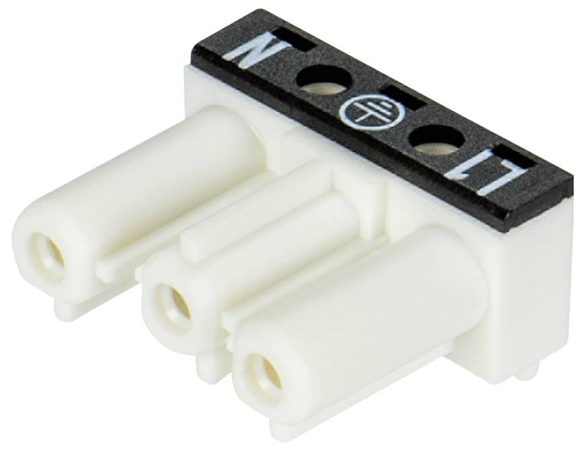 Weiße elektrische Steckverbindung mit drei Anschlüssen, jeweils mit 'L', 'N' und dem Erdungssymbol auf schwarzem Kunststoff markiert.