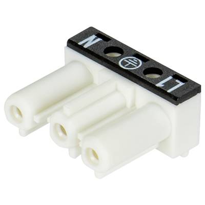 Weiße elektrische Steckverbindung mit drei Anschlüssen, jeweils mit 'L', 'N' und dem Erdungssymbol auf schwarzem Kunststoff markiert.