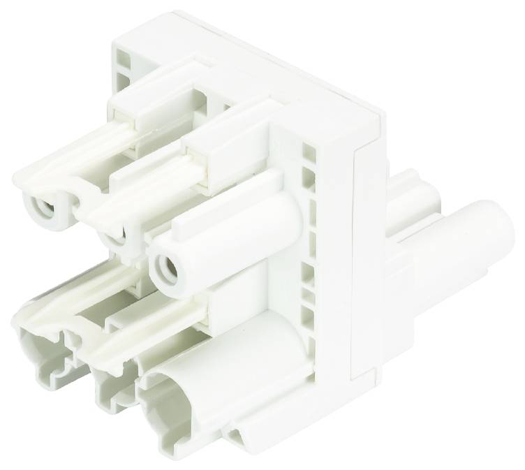 Ein weißer Kunststoffstecker mit mehreren Buchsen und Verbindungsstellen, geeignet für elektrische Verbindungen in Geräten.