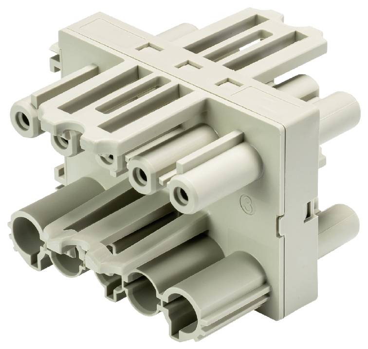 Ein detaillierter Steckverbinder aus grauem Kunststoff mit mehreren Anschlussmöglichkeiten, geeignet für elektrische Verbindungen.