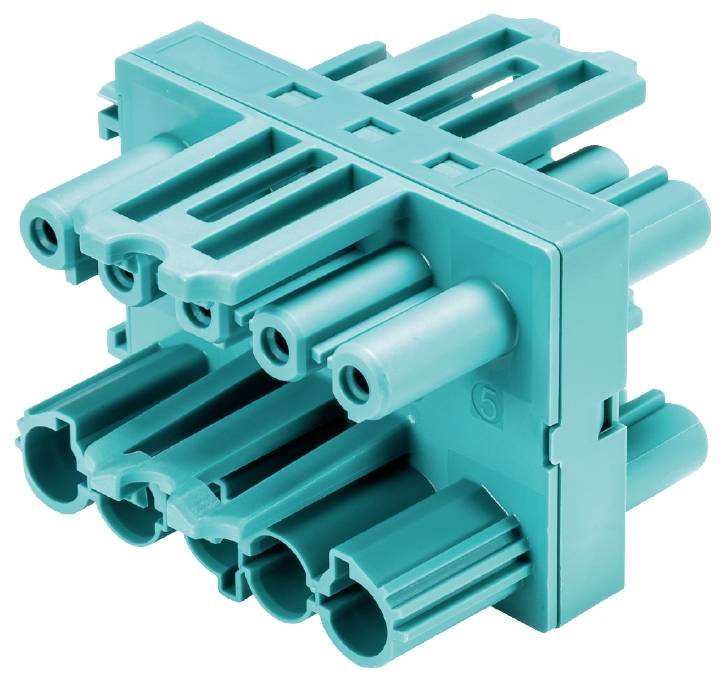Ein blauer elektrischer Steckverbinder mit mehreren Buchsen, geeignet für industrielle Anwendungen und komplexe Verkabelungen.