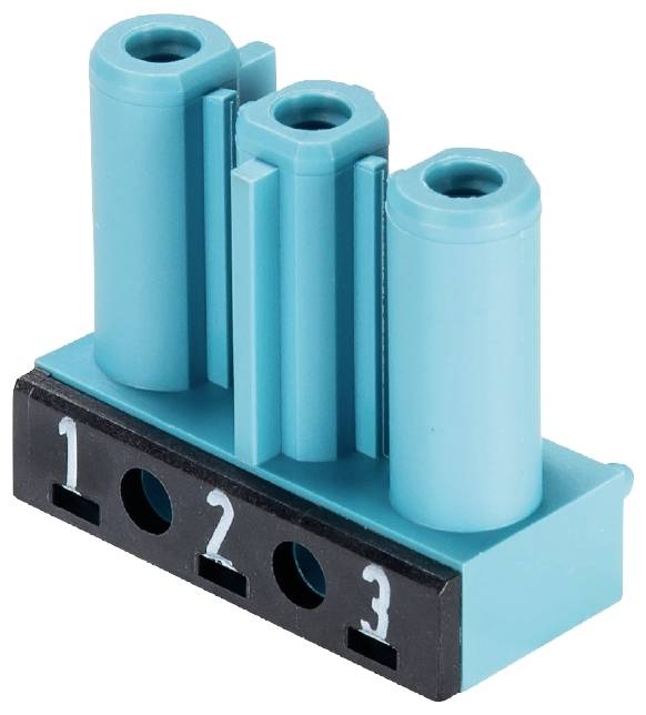 Blauer 3-poliger Steckverbinder auf schwarzer Basis mit den Zahlen '1', '2' und '3'.