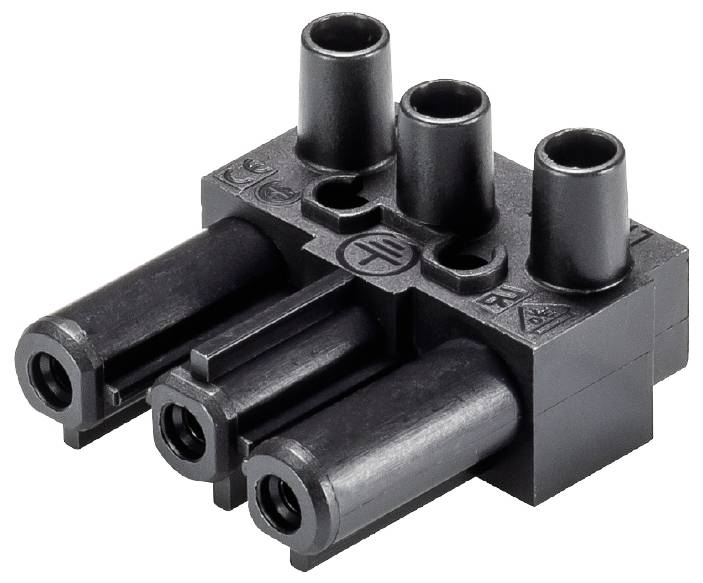 Ein schwarzer, dreipoliger elektrischer Steckverbinder mit drei oberen Kontakten und drei seitlichen Anschlüssen, aus Kunststoff.