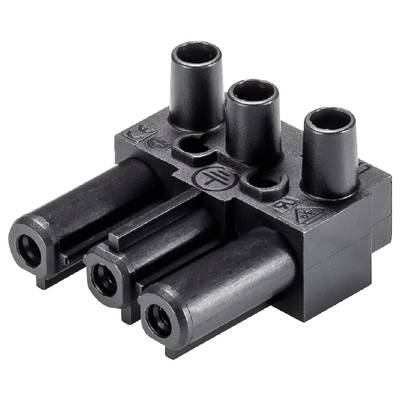Ein schwarzer, dreipoliger elektrischer Steckverbinder mit drei oberen Kontakten und drei seitlichen Anschlüssen, aus Kunststoff.