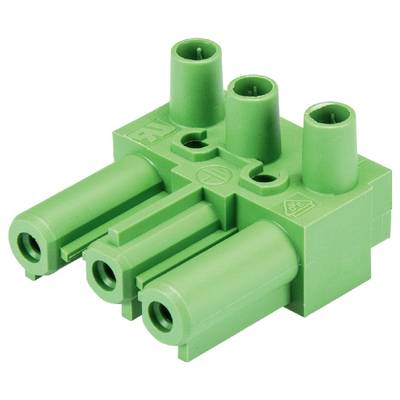 Grüner dreipoliger Steckverbinder mit runden und rechteckigen Anschlüssen, oft für elektronische Geräte oder Schaltkreise verwendet.
