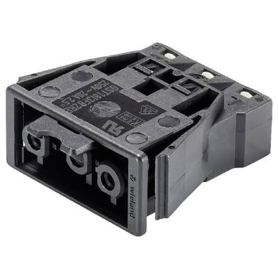 Schwarzes elektrisches Bauteil, vermutlich ein Steckverbinder oder Schalter, mit zwei Befestigungslöchern und technischen Markierungen.
