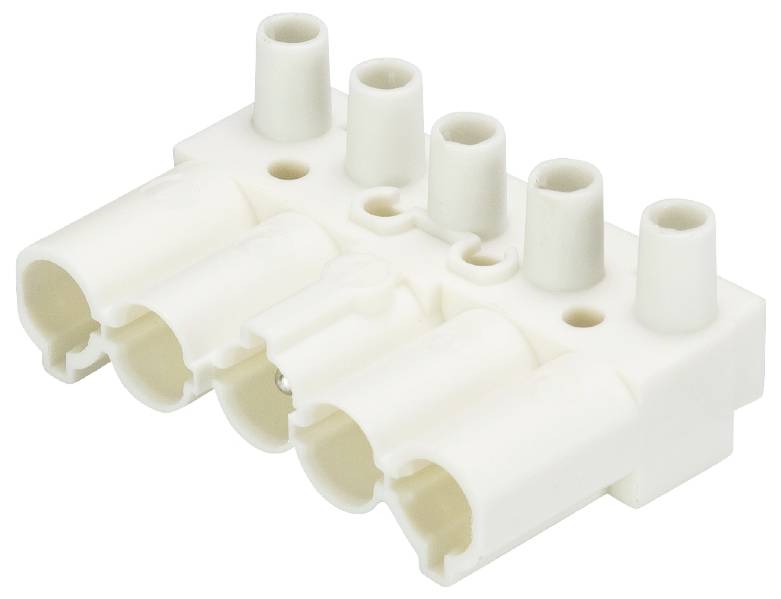 Vielpoliger weißer Kunststoffstecker mit mehreren runden Stecköffnungen, geeignet für elektrische Verbindungen.