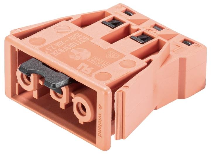 Oranger Steckverbinder mit zwei Anschlüssen und schwarzer Verriegelung, geeignet für 250V und 24A.