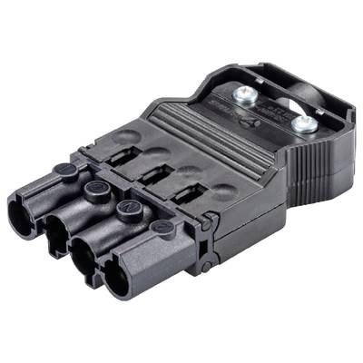 Ein schwarzer dreipoliger elektrischer Steckeradapter mit Schraubbefestigungen, geeignet für industrielle Anwendungen.