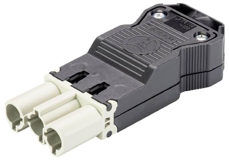 Ein schwarzer und weißer elektrischer Stecker mit zwei Metallkontakten und einem strukturierten Griff, geeignet für industrielle Anwendungen.