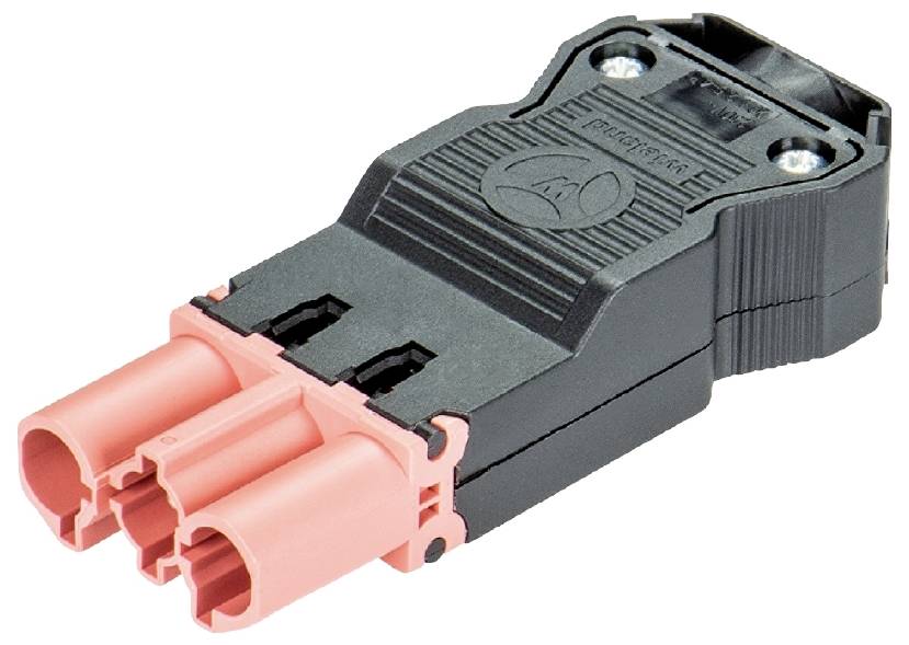 Elektrischer Steckverbinder, bestehend aus zwei rosa und einem schwarzen Anschlussmodul, mit Struktur für mechanische Stabilität.