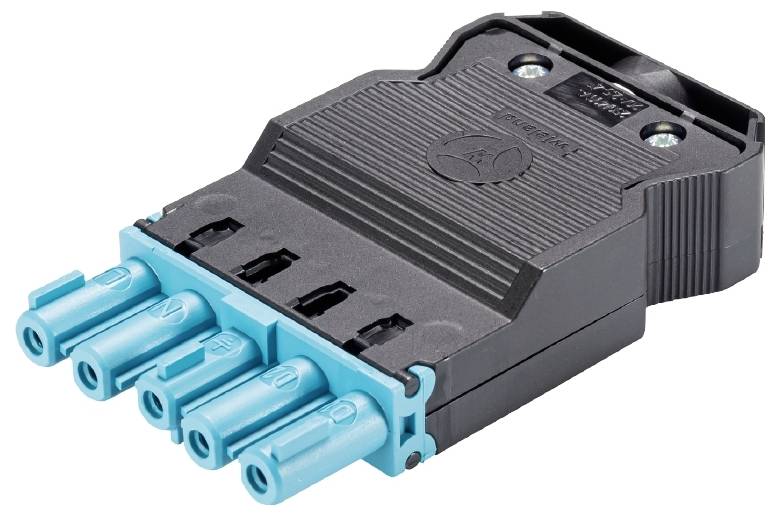 'Ein schwarzer elektrischer Steckverbinder mit blauen Anschlüssen und strukturiertem Gehäuse, liegt auf einer weißen Fläche.'