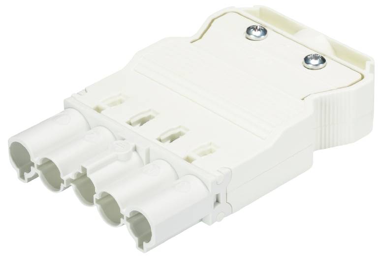 Ein weißer elektrischer Steckverbinder mit vier Anschlüssen, geeignet für Strom- oder Datenübertragung, auf weißem Hintergrund.