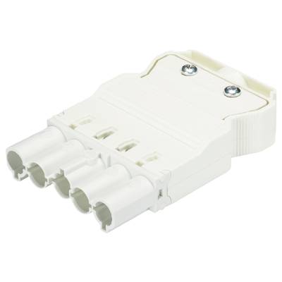 Ein weißer elektrischer Steckverbinder mit vier Anschlüssen, geeignet für Strom- oder Datenübertragung, auf weißem Hintergrund.