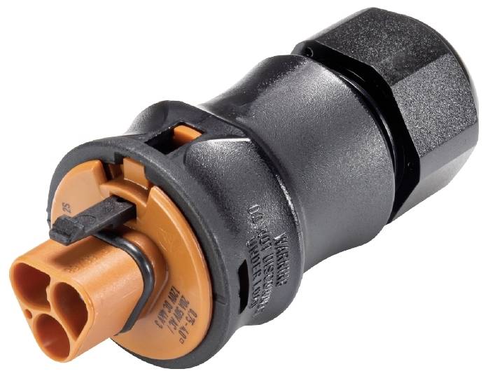 Schwarzer und orangefarbener Steckverbinder mit Verriegelungsmechanismus, zeigt technische Details und Anschlussseite.
