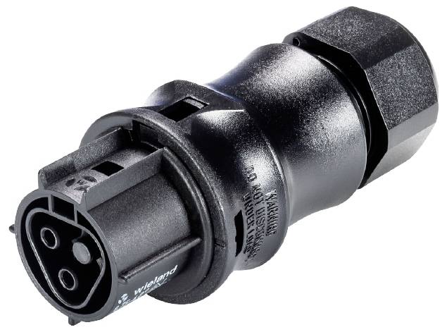 Ein schwarzer, zylindrischer Steckverbinder mit drei Steckplätzen, geeignet für industrielle Anwendungen.
