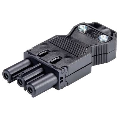 Schwarzer, dreipoliger Elektrokabelstecker mit zwei Schrauben oben.