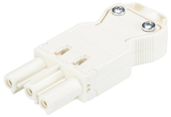 Weißer, flacher Stecker mit drei parallelen Pins und zwei Befestigungsschrauben auf der Oberseite.