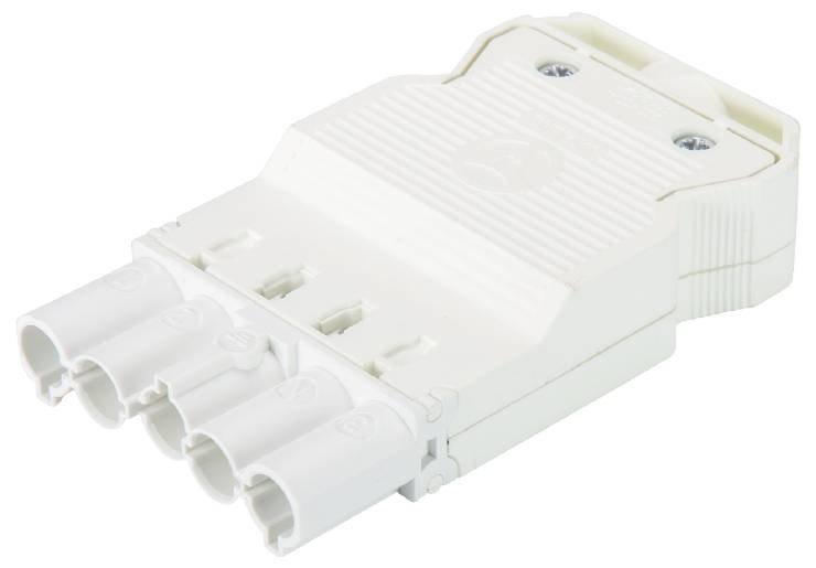 Ein weißer, rechteckiger Mehrfachstecker mit vier Buchsen, geeignet für elektrische Verbindungen, liegt auf einem weißen Hintergrund.