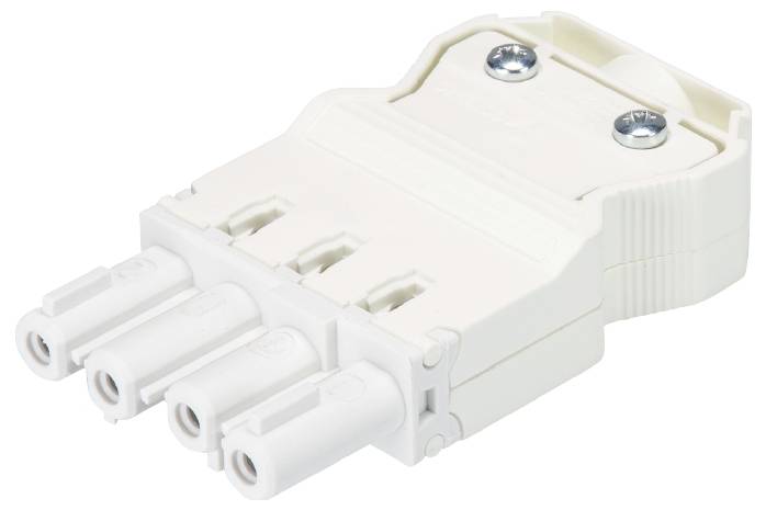 Ein weißer, rechteckiger Stecker mit drei Anschlüssen und zwei sichtbaren Schrauben oben. Eignet sich für elektrische Verbindungen.
