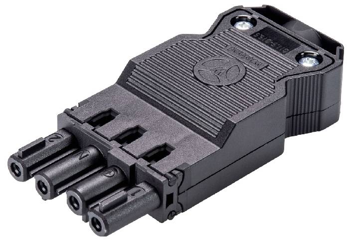 Ein schwarzer, rechteckiger elektrischer Stecker mit drei runden Steckanschlüssen und zwei Schrauben zur Befestigung.