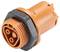 Eine orange Elektrokupplung mit zwei inneren Anschlüssen und einem schwarzen Sechskant-Äußeren, häufig in elektrischen Systemen verwendet.