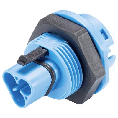 Ein blauer Steckverbinder mit schwarzem Kunststoffgehäuse und Rillen, vermutlich für elektrische oder mechanische Anwendungen.