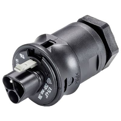 Ein schwarzer elektrischer Sensor mit mehreren Anschlüssen und Beschriftungen, vermutlich zur Steuerung oder Messung in einer technischen Anwendung.