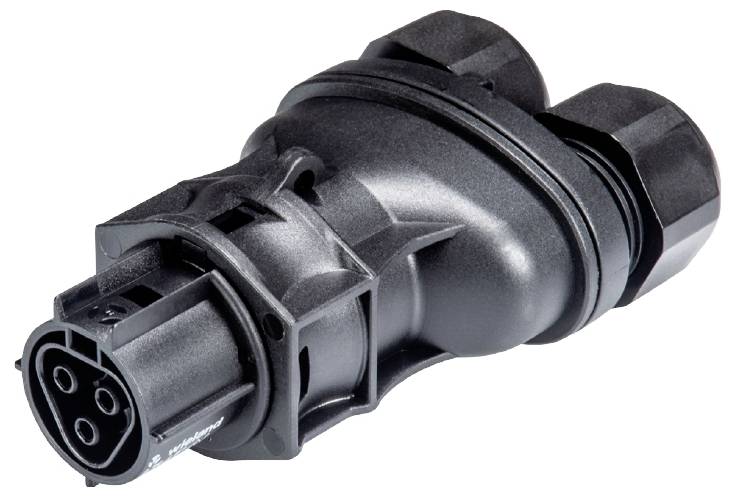 Schwarz-grauer elektrischer Steckverbinder mit drei runden Anschlussstiften, geeignet für industrielle Anwendungen.