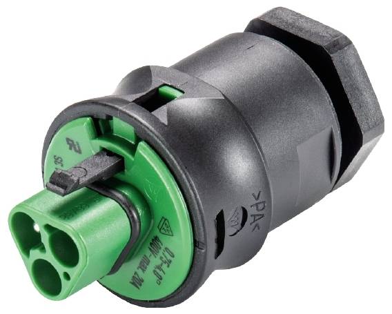 Ein schwarzer und grüner elektrischer Stecker mit zwei Polen, geeignet für den Anschluss von Kabeln in verschiedenen elektrischen Anwendungen.