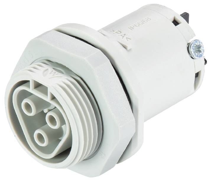 Ein weißer, runder Stecker mit drei Löchern und einer Gewindeverbindung. Auf der Oberfläche ist die Schutzklasse 'IP65' angegeben.