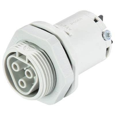Ein weißer, runder Stecker mit drei Löchern und einer Gewindeverbindung. Auf der Oberfläche ist die Schutzklasse 'IP65' angegeben.