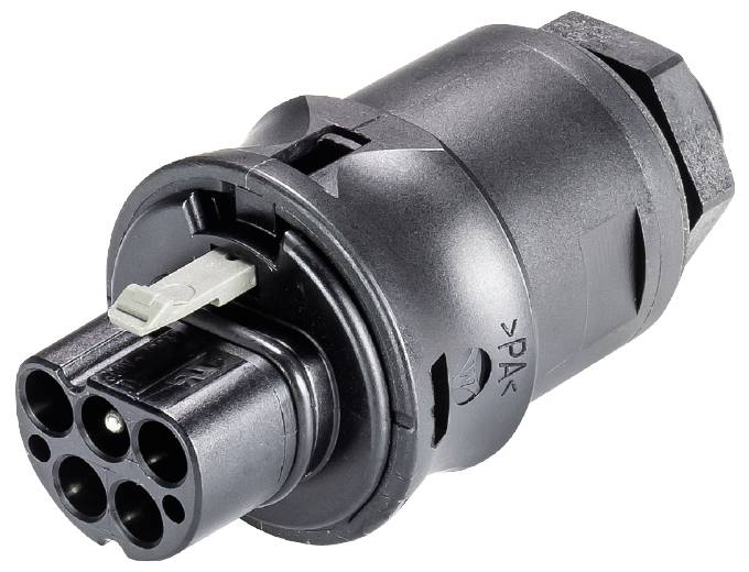 Stecker für Elektrowerkzeuge, zylindrische Form, schwarze Farbe, mit mehreren Kontaktstellen für sicherere Verbindung.