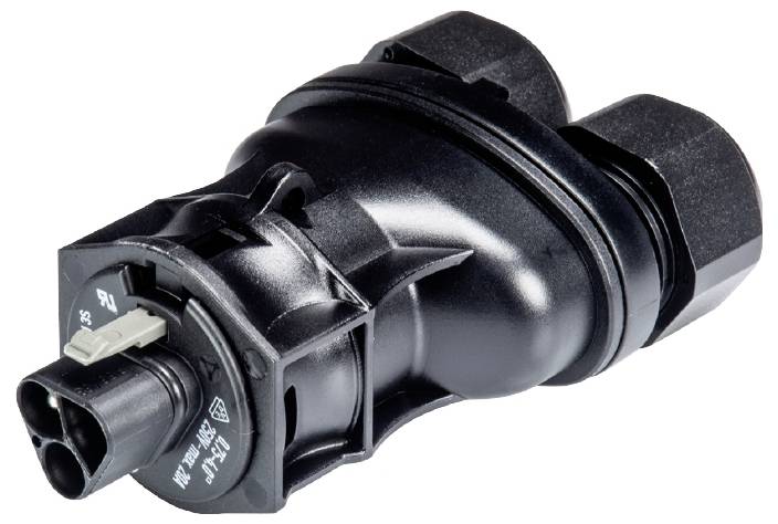 Schwarzes elektrisches Bauteil mit Anschlüssen und Gehäuse. Es hat zwei Steckverbindungen und ein kompaktes Design.