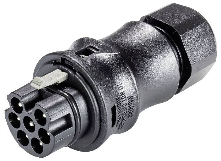 Ein schwarzer, zylindrischer elektrischer Steckverbinder mit mehreren runden Anschlüssen, verwendet für industrielle Anwendungen.
