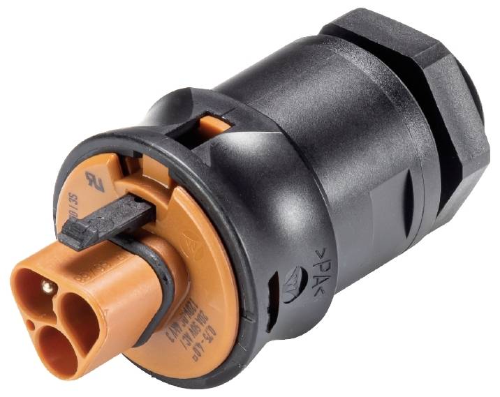 Ein schwarzer und orangefarbener elektrischer Steckverbinder mit zwei Anschlüssen, seitlich liegend.