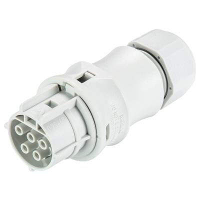 Ein weißer zylindrischer elektrischer Stecker mit mehreren Stiften, der für industrielle elektrische Verbindungen verwendet wird.