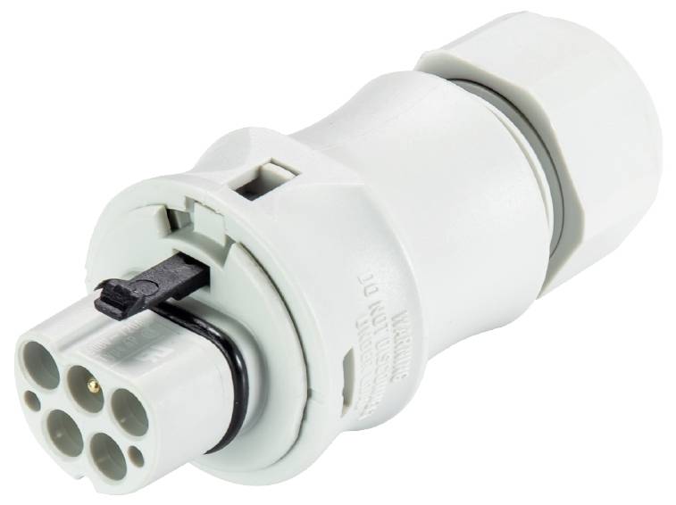 Ein weißer elektrischer Stecker mit fünf runden Anschlusspunkten, geeignet für industrielle Anwendungen.