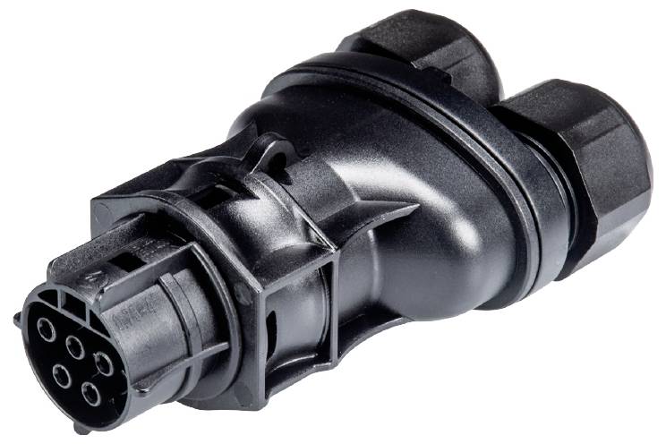 Ein schwarzer, mehrpoliger elektrischer Steckverbinder mit robustem Gehäuse, geeignet für industrielle Anwendungen.