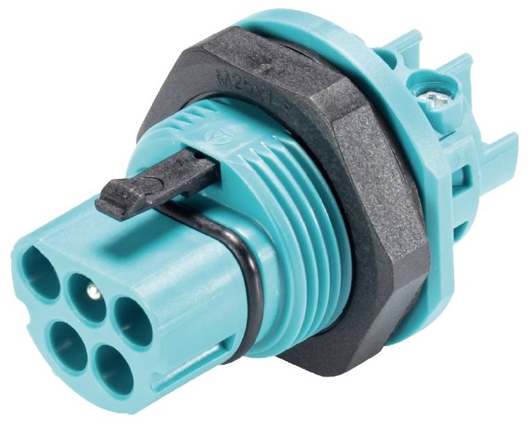 Ein blauer elektrischer Stecker mit fünf runden Löchern und schwarzen Akzenten, designed für präzises Anschließen von Kabeln.