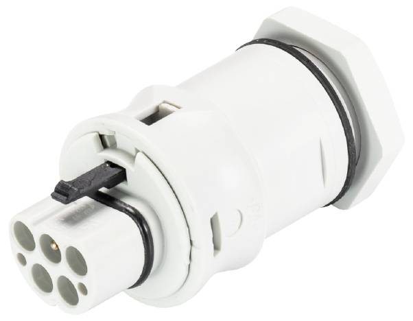 Weißer, zylindrischer elektrischer Stecker mit mehreren Steckplätzen und einem schwarzen Verriegelungsmechanismus.