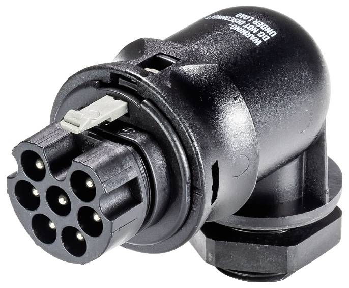 Ein schwarzer siebenpoliger Anhängerstecker mit Kunststoffgehäuse und Kontakten. Wird zur Verbindung von Anhängern mit Fahrzeugen genutzt.
