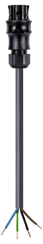 Schwarzer Kabelstecker mit fünf freiliegenden Leitungsdrähten in verschiedenen Farben: Gelb-Grün, Blau, Schwarz, Braun und Grau.
