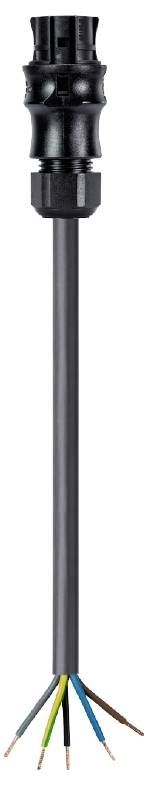 Ein Stecker mit fünf offenen Kabelenden in verschiedenen Farben, bereit zur Verkabelung. Der Stecker hat einen schwarzen, zylindrischen Körper.