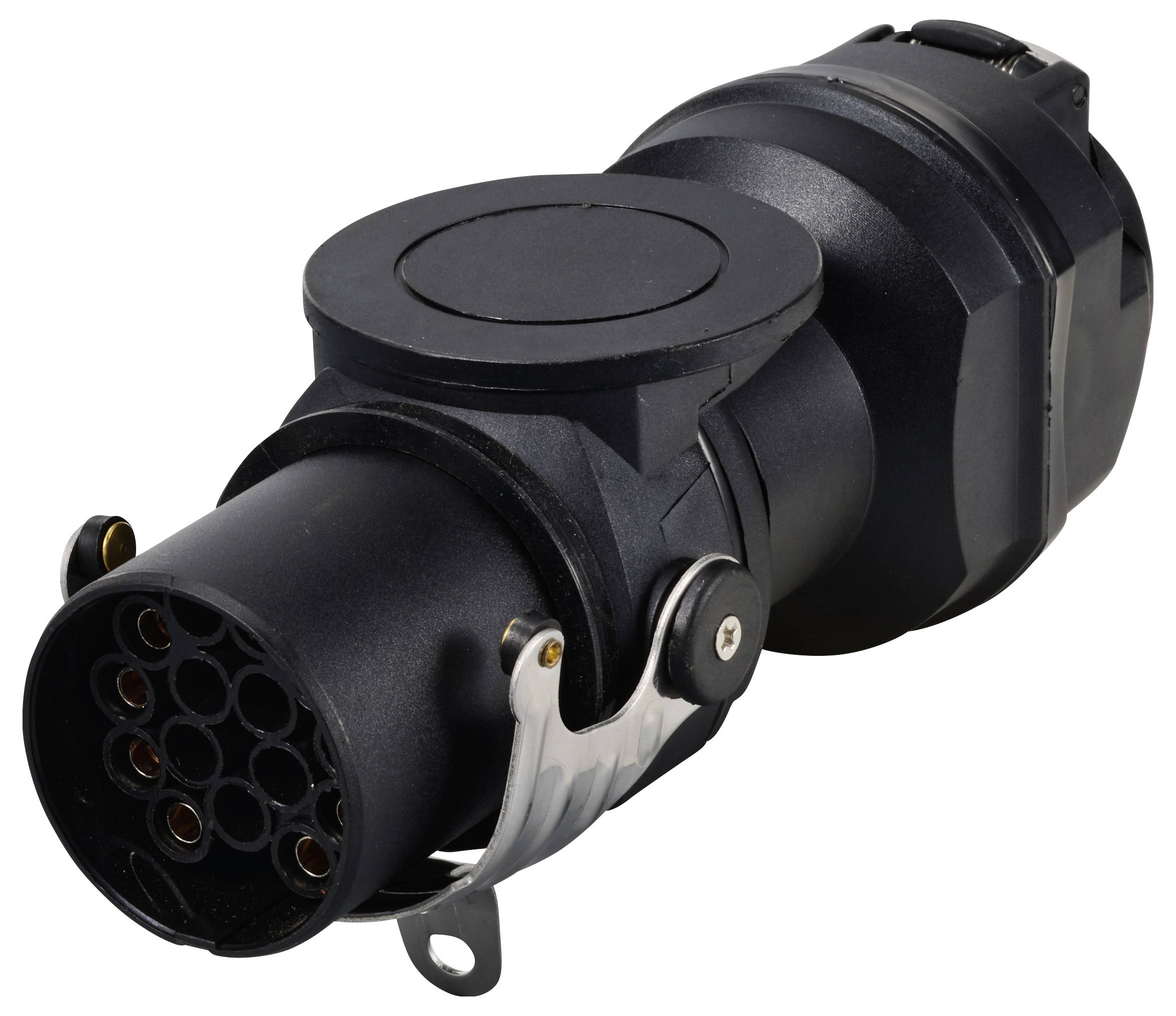 Ein schwarzer Anhängerstecker, oft für Fahrzeugbeleuchtung verwendet, mit mehreren Kontaktpunkten und Metallschließe.